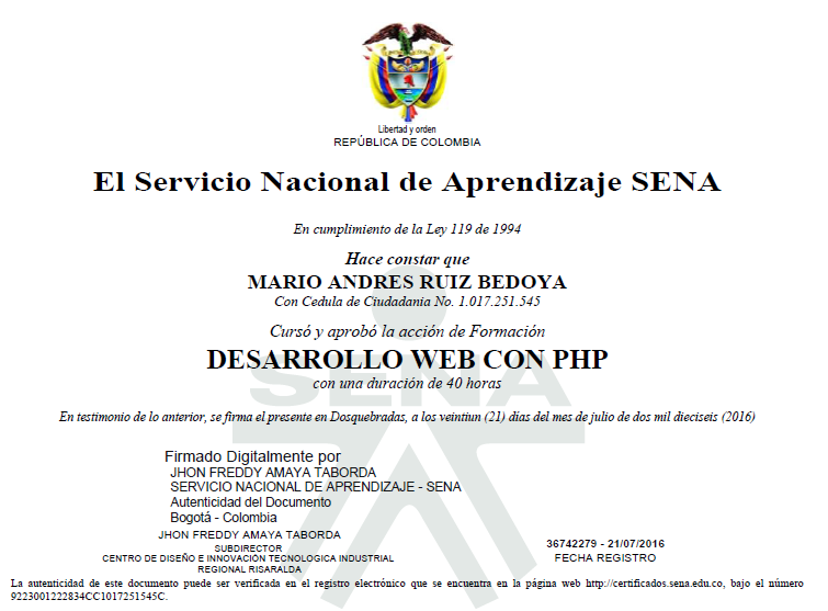 Certificado PHP SENA